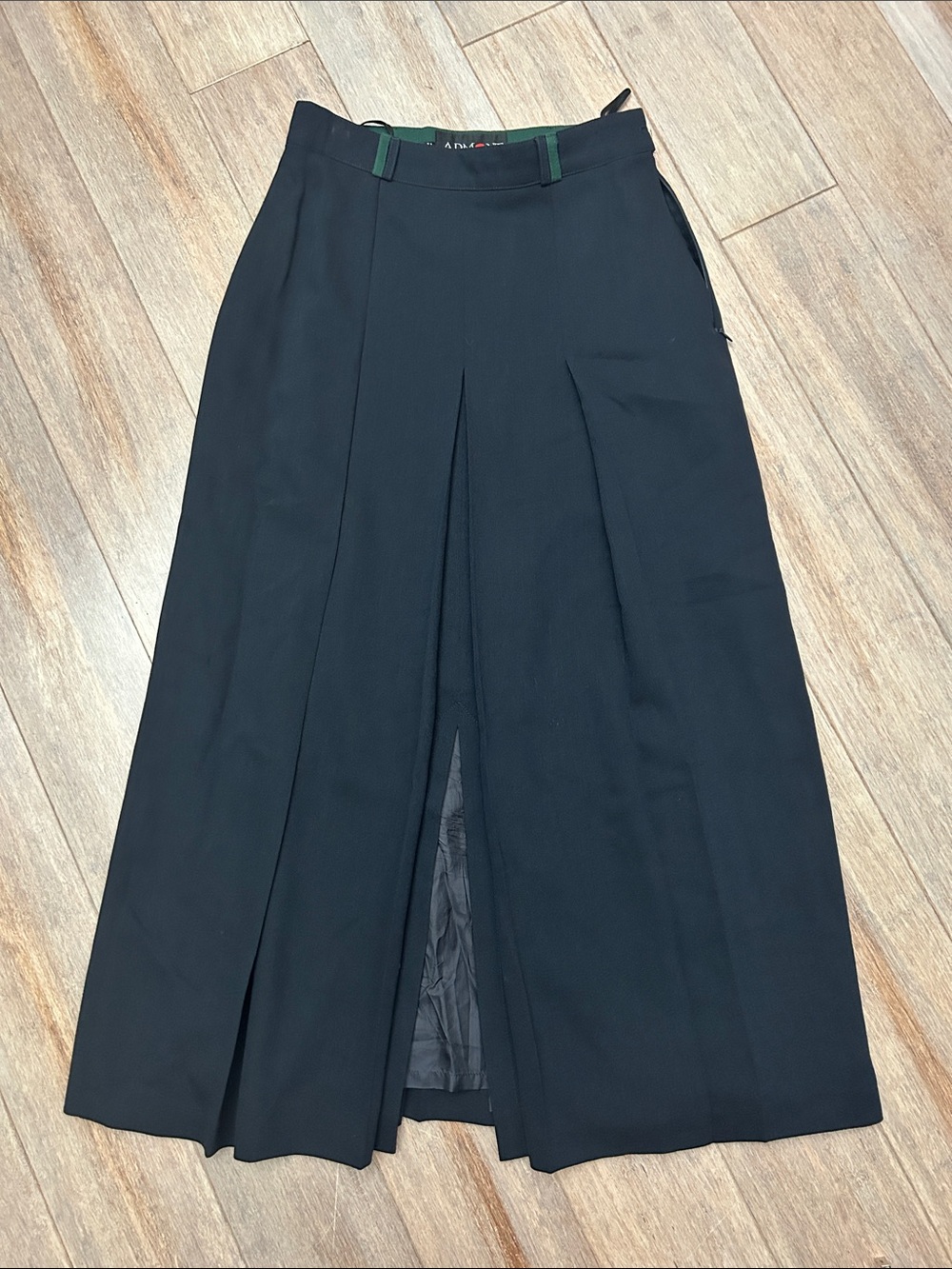 VTG Navy Green Pleated Wool Silk Blend Midi Skirt with Front Slit German small